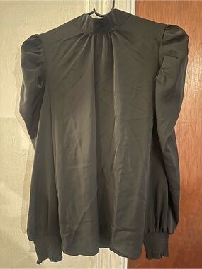 Women's Black Puff-Sleeve Blouse with Smocked Cuffs